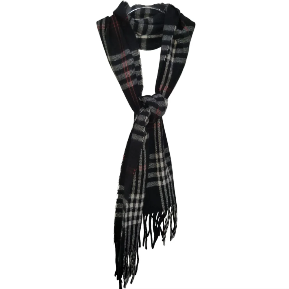 100% Lambswool Elegant Black Red and White Fringe Scarf